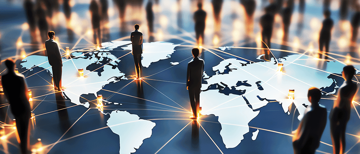 Expanding Global Reach through Customer Service Outsourcing: Illustration of people connected around the world on a map, symbolizing international business networking and communication.
