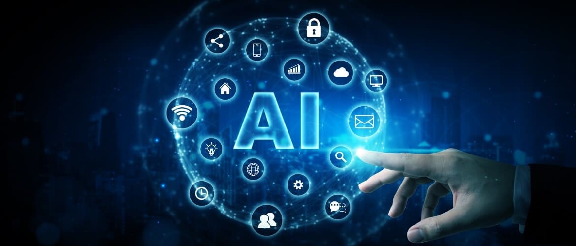 Hand pointing at an AI icon surrounded by emerging technology icons like security, cloud, IoT, and data analytics on a digital background.