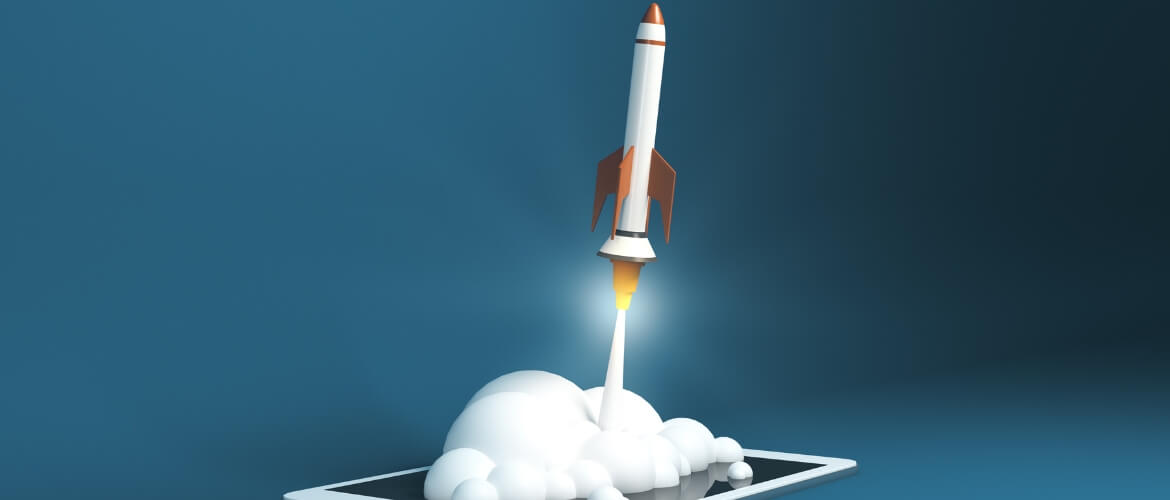 3D rocket launching from a tablet, symbolizing startup growth and scalable IT solutions.