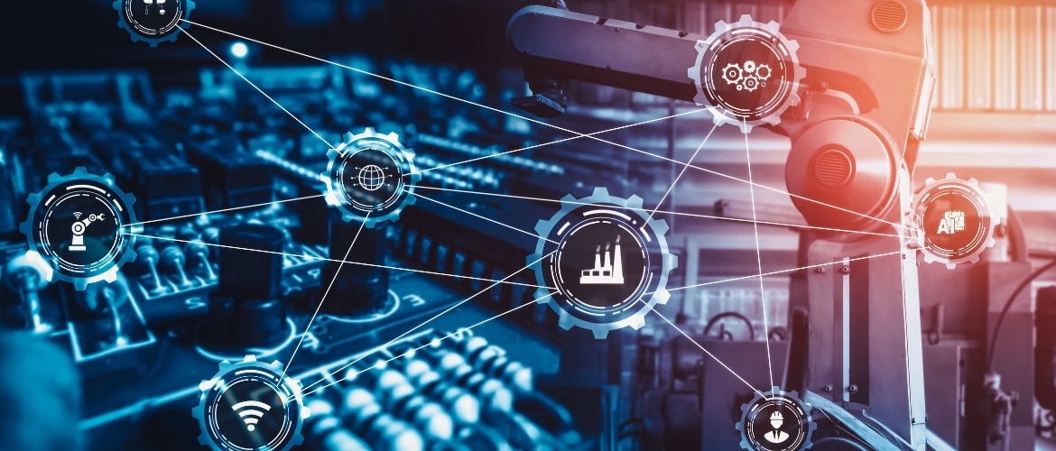 Automated robotic arm with connected technology icons representing smart automation and IT processes in a high-tech industrial environment.